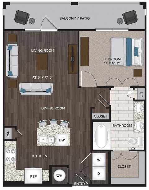 A floor plan of a house with a living room, dining room, kitchen, and bathroom.